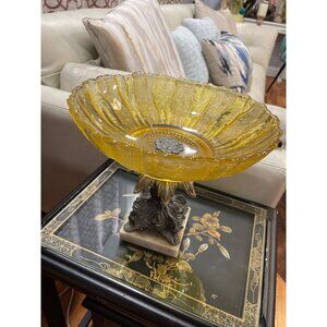 Vintage amber glass pedestal center piece bowl marble base hollywood regency SKU